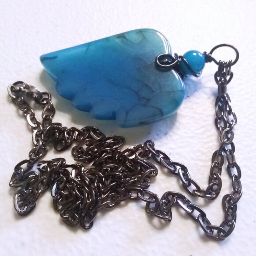 Handmade: Asymmetrical  Blue Dragonvein Agate Heart Necklace! Beach Coastal Boho